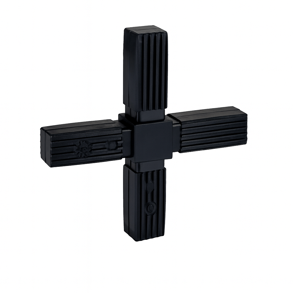 Plastic Square 4 Way Flat Tube Connectors for modular square tube frameworks with flat-profile, clip-together design and optional steel core reinforcement.