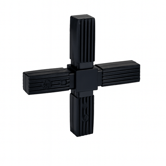 Plastic Square 4 Way Flat Tube Connectors for modular square tube frameworks with flat-profile, clip-together design and optional steel core reinforcement.