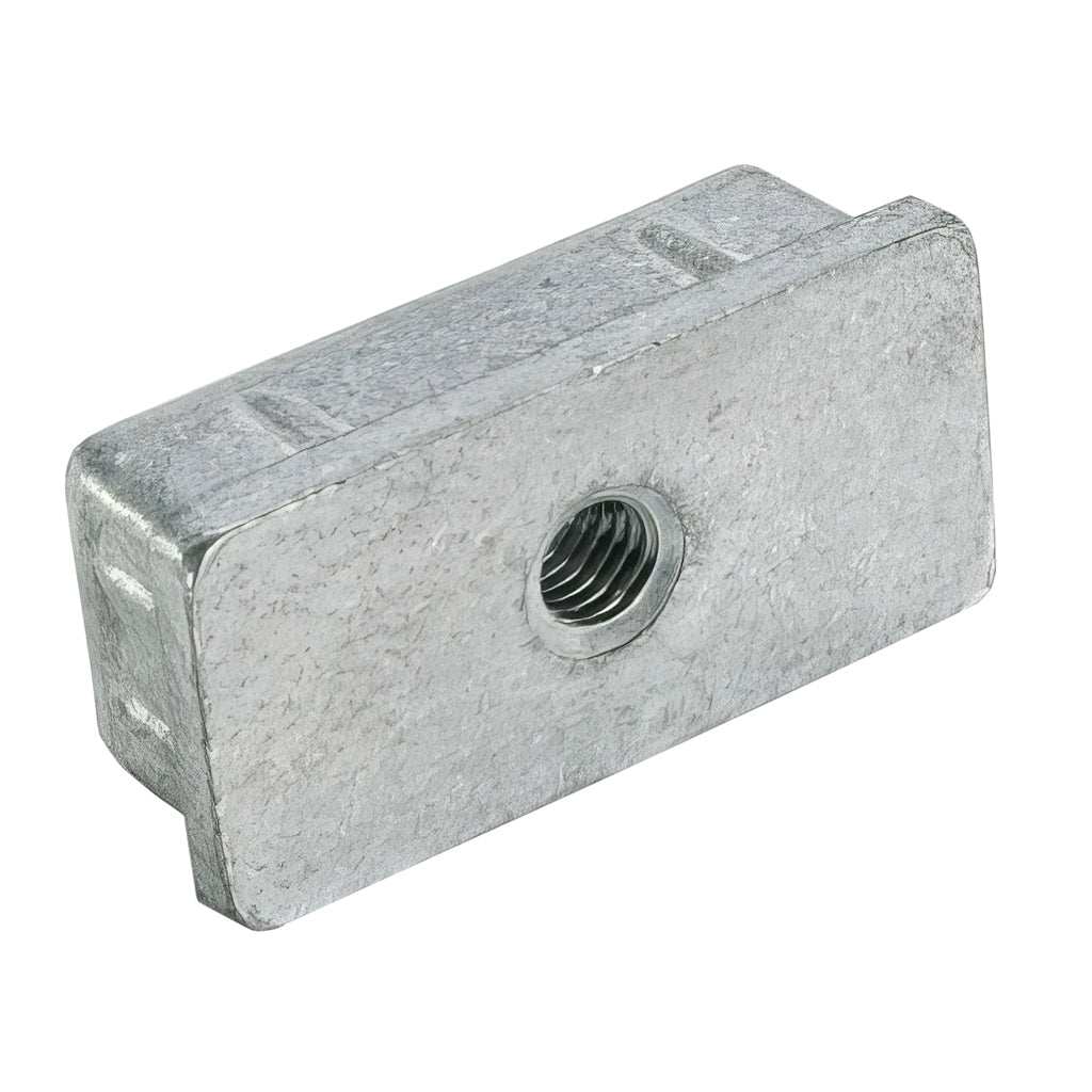 Cast zinc rectangular threaded tube inserts for heavy duty applications with plain shank and solid cast zinc alloy.