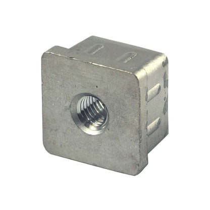 Square metal threaded tube inserts for heavy duty applications with plain shank and solid cast zinc alloy construction