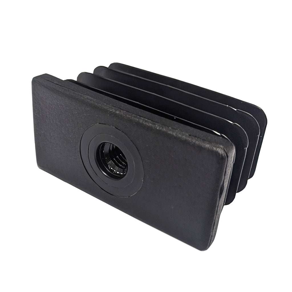 Plastic rectangular tube insert with plastic thread for adjustable feet, available in various sizes, made of nylon, HDPE, or HIP