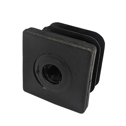 Plastic square metric tube insert with plastic thread for adjustable feet, nylon or HDPE, ribbed shank for wall thickness.