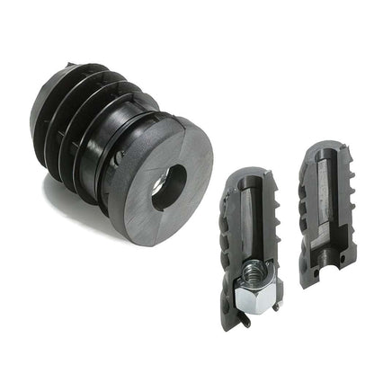 Plastic round tube insert with metal thread, strong nylon molding and captive steel nut for heavy-duty use