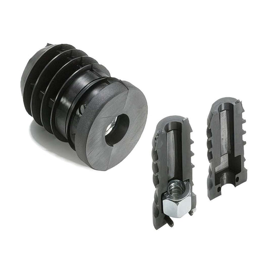Plastic round tube insert with metal thread, strong nylon molding and captive steel nut for heavy-duty use