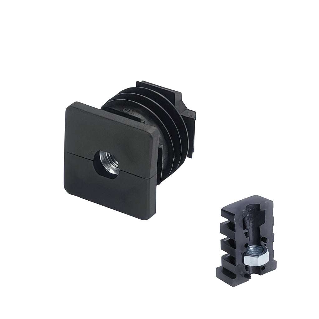 Plastic square tube insert with metal thread for heavy-duty use, nylon moulding with captive steel nut and ribbed shank