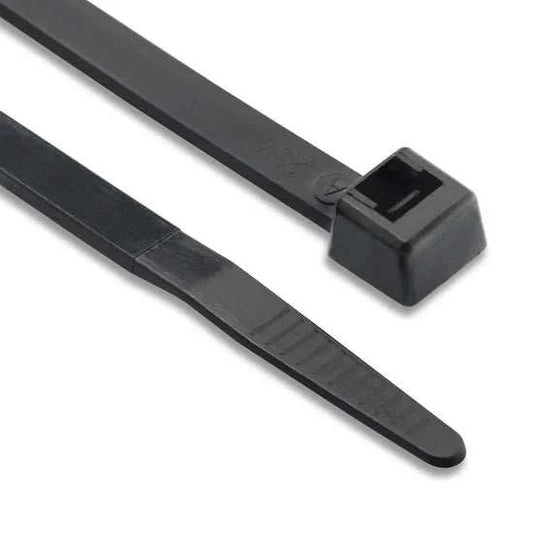 Black UV stabilised nylon cable ties in 100-pack, durable and strong with high tensile strength