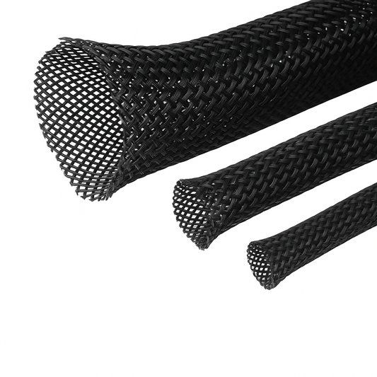 Braided expandable sleeving made from PET mesh protecting cable bundles with flexible, abrasion-resistant design