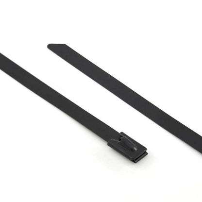 Black epoxy resin coated stainless steel Grade 316 cable tie with roller ball locking mechanism