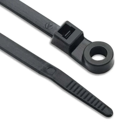 Black and natural nylon 6,6 screw mount cable ties for secure fastening with screws, available in packs of 100