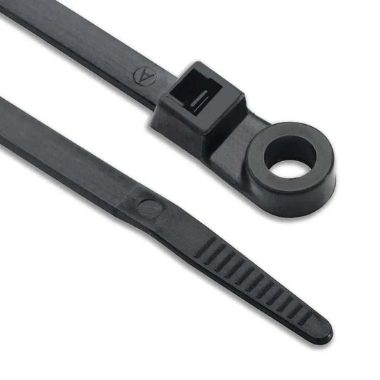 Black and natural nylon 6,6 screw mount cable ties for secure fastening with screws, available in packs of 100