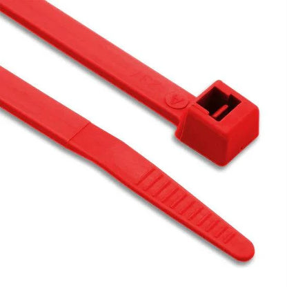 Red coloured nylon cable ties bundle and organize cables securely with high tensile strength and weather resistance.