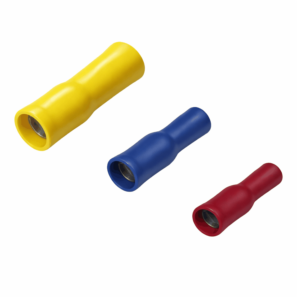 Bullet female quick disconnect electrical connectors with brass conductor and vinyl insulation for fast cable termination and easy removal.