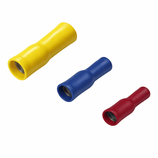 Bullet female quick disconnect electrical connectors with brass conductor and vinyl insulation for fast cable termination and easy removal.