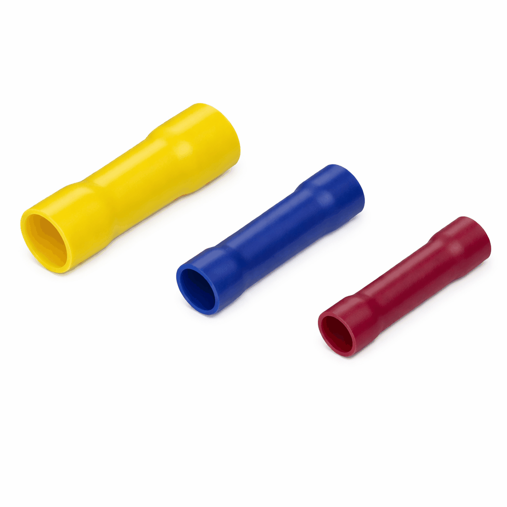 Butt connector terminals for secure electrical wire joining with brass conductor and vinyl insulation