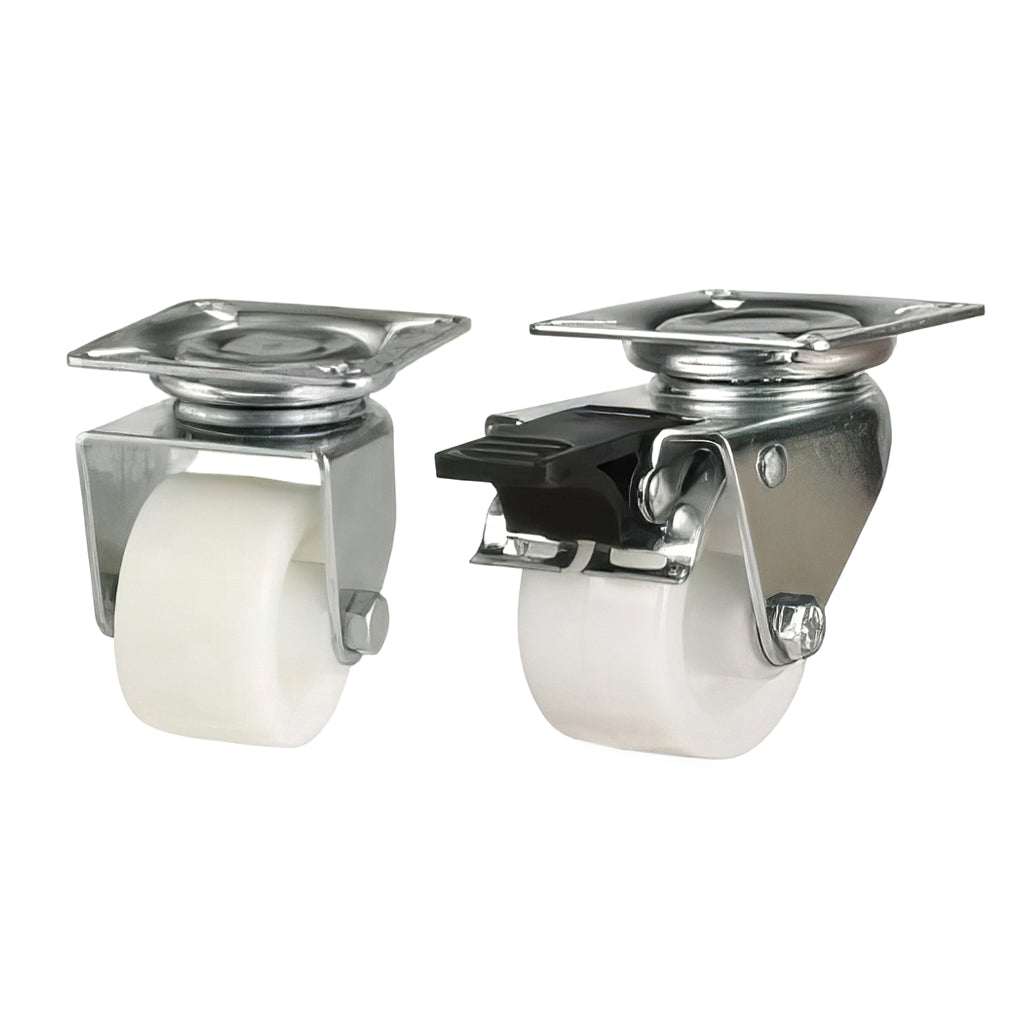 Light duty nylon plate mounted castors with 80 kg load capacity and durable nylon wheels for smooth rolling and floor protection