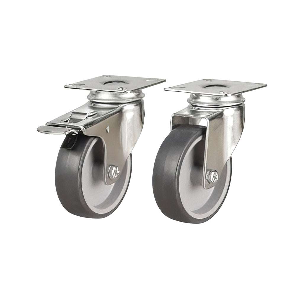 Light Duty Non-Marking Rubber Castors with grey rubber tyres for smooth, quiet movement and floor protection, 40-90 kg load capacity