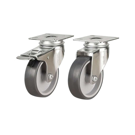 Light Duty Non-Marking Rubber Castors with grey rubber tyres for smooth, quiet movement and floor protection, 40-90 kg load capacity