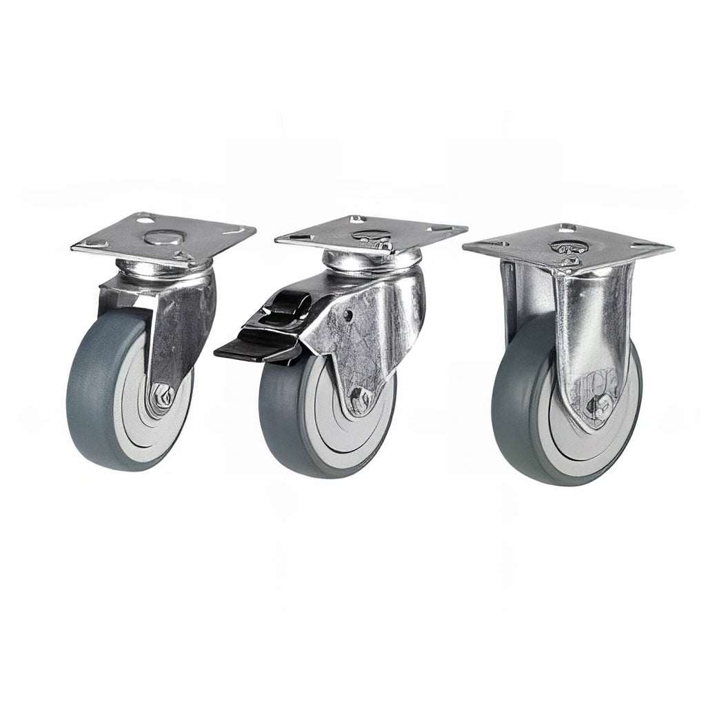 Light duty grey non-marking rubber plate mounted castors with 40-80 kg load capacity