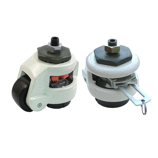 Footmaster heavy duty levelling castors with adjustable rubber footpad and stem mounting for industrial equipment mobility and stability