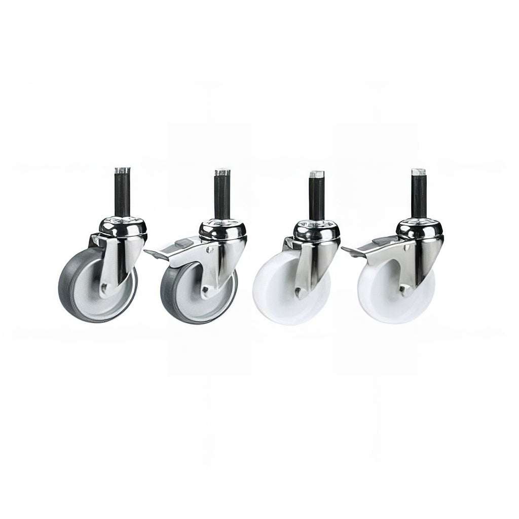 Light Duty Expander Castors with expander fixings for hollow tube legs, smooth swivel rolling, 40-70 kg load capacity, grey synthetic or nylon wheels, and optional brakes.