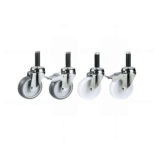 Light Duty Expander Castors with expander fixings for hollow tube legs, smooth swivel rolling, 40-70 kg load capacity, grey synthetic or nylon wheels, and optional brakes.