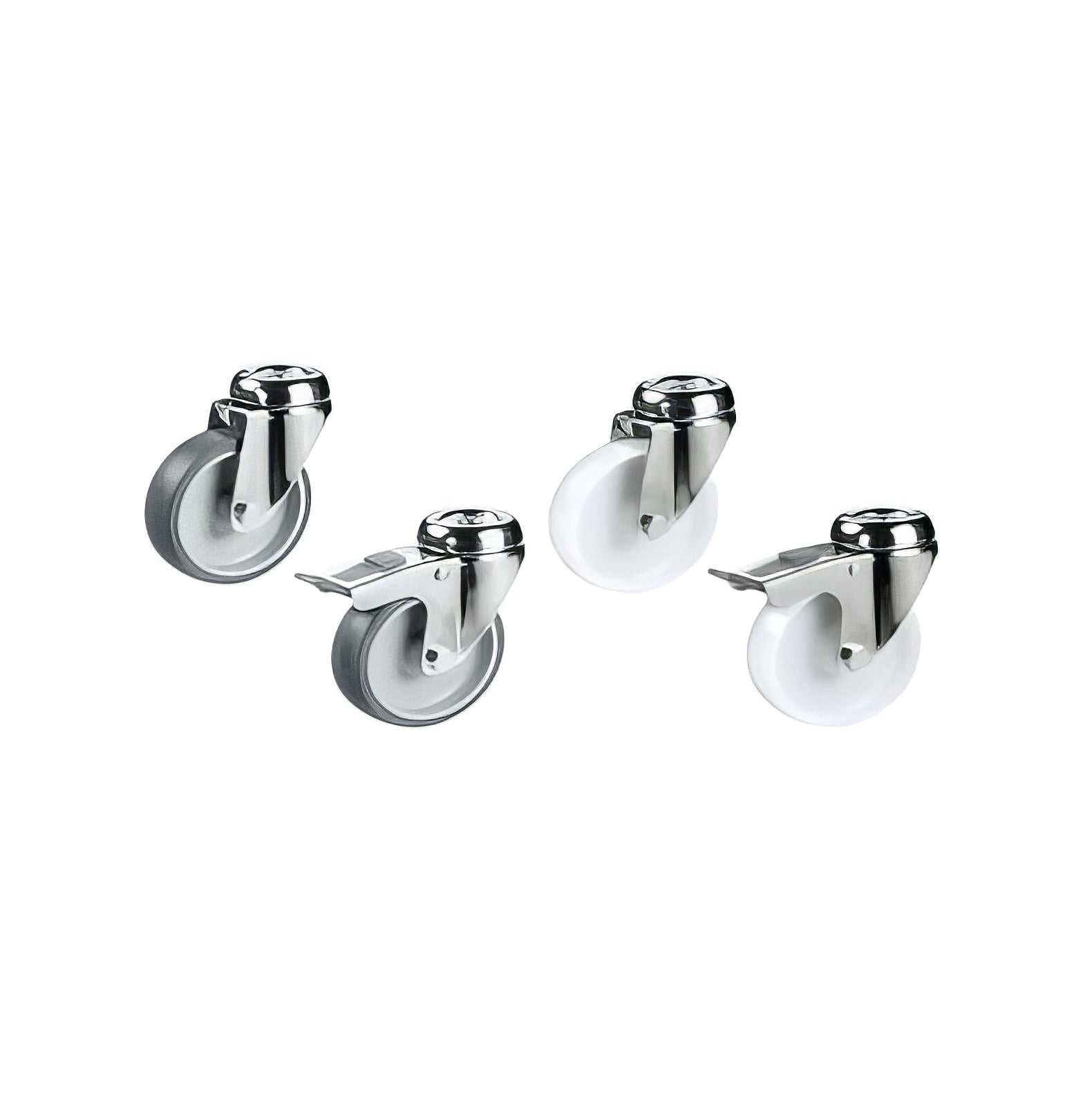 Light duty apparatus castors with single bolt hole fitting and brake option for furniture and equipment
