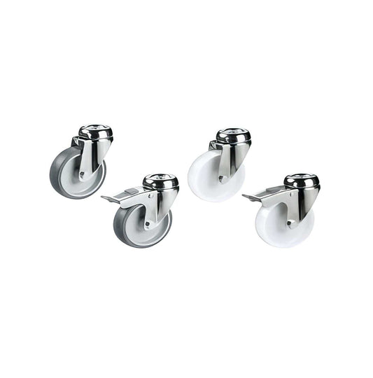 Light duty apparatus castors with single bolt hole fitting and brake option for furniture and equipment