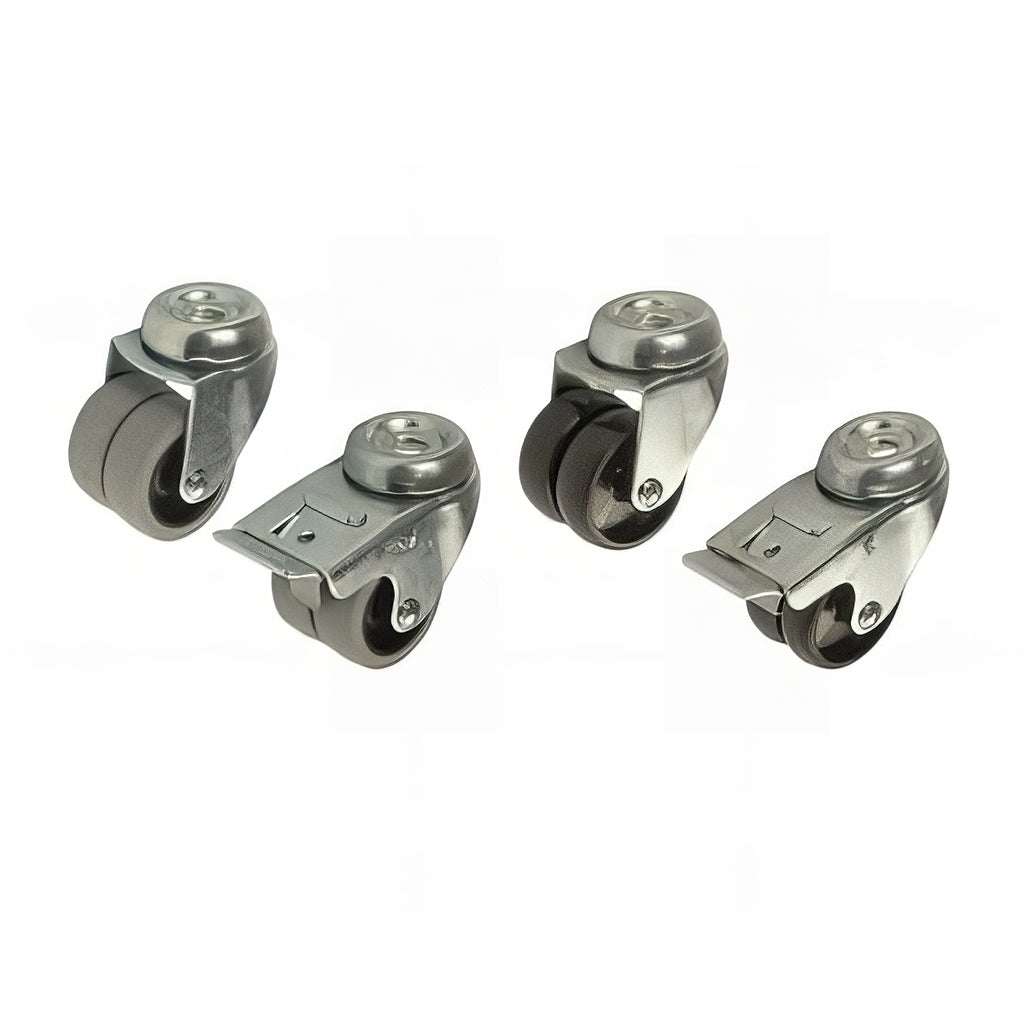 Light duty twin wheel single bolt hole castors with 70kg load capacity and grey synthetic rubber tyres