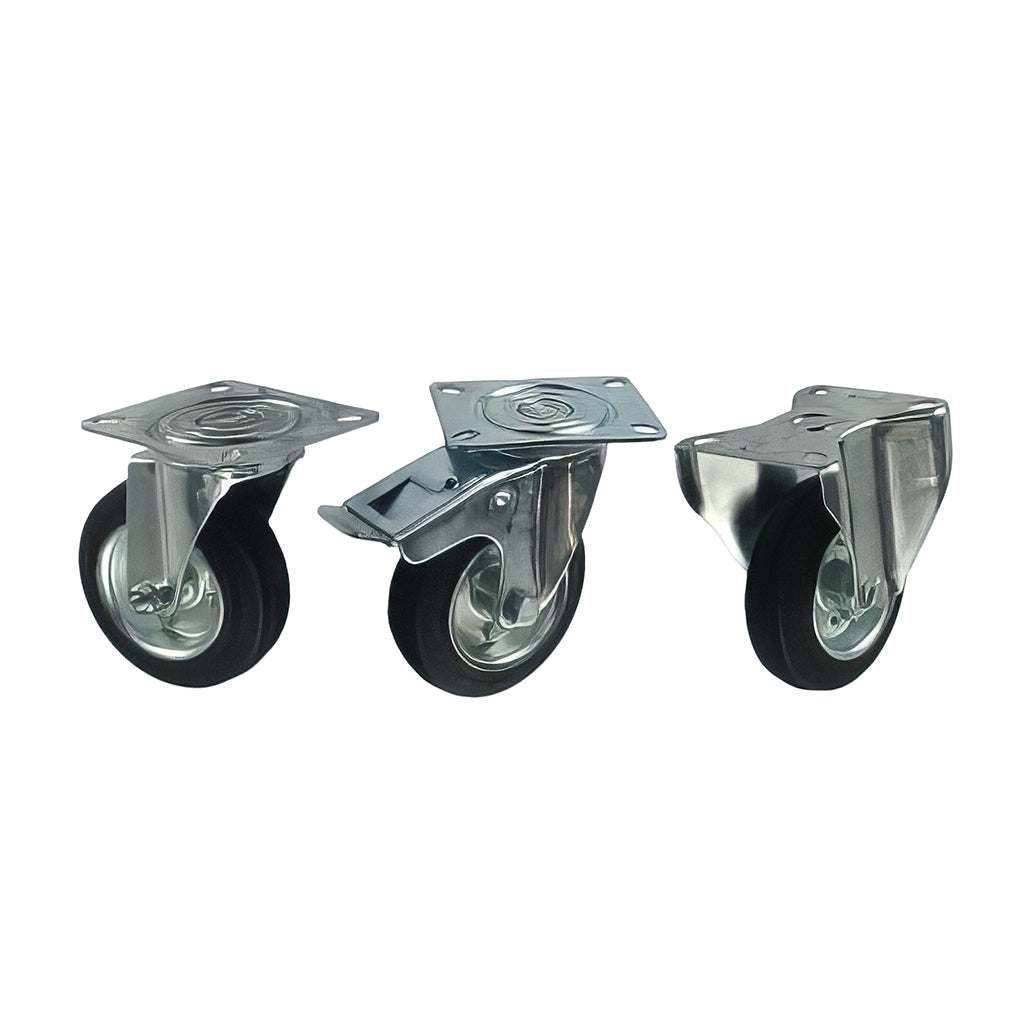 Medium duty plate mount castor with black rubber tyre and steel wheel, swivel and fixed options for industrial use