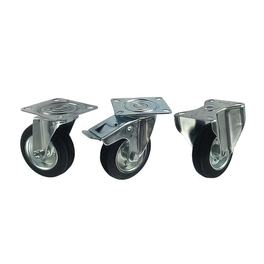 Medium duty plate mount castor with black rubber tyre and steel wheel, swivel and fixed options for industrial use