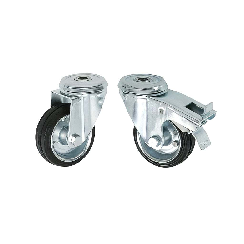 Medium duty single bolt hole castor with black rubber tyre and steel wheel, swivel and swivel/braked options, 50-200kg capacity