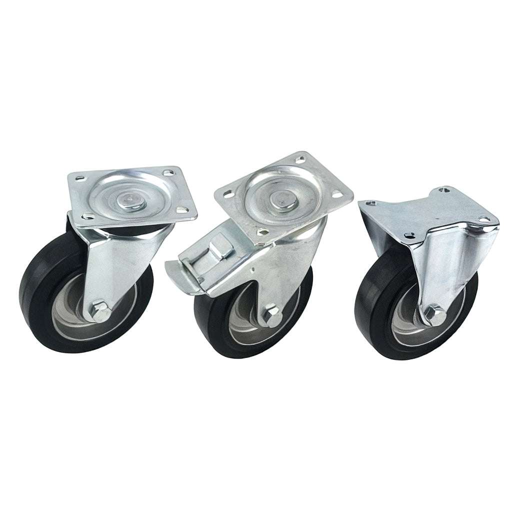 Medium duty plate mounted castor with black rubber tyre and aluminium wheel, swivel and fixed options, 180-500kg capacity