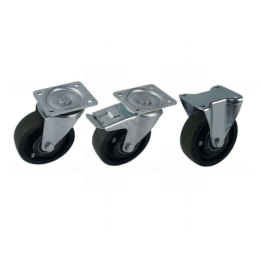 Medium duty plate mounted castor with brown polyurethane tyre and cast iron wheel, swivel and fixed options, 250-400kg capacity