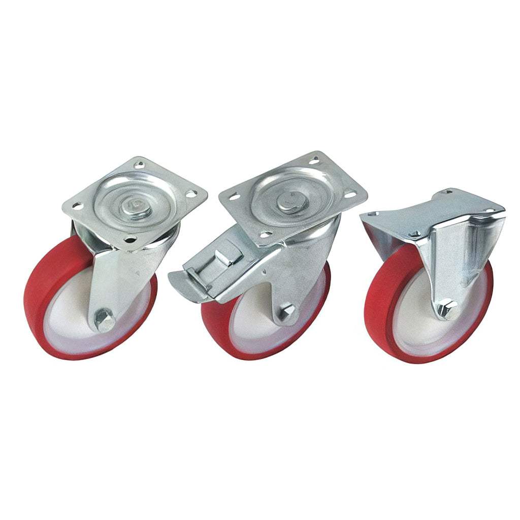 Medium plate mounted castor with red polyurethane tyre and white nylon wheel, swivel and fixed options, 210-500kg capacity