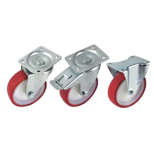 Medium plate mounted castor with red polyurethane tyre and white nylon wheel, swivel and fixed options, 210-500kg capacity