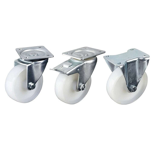 Medium duty plate mounted castor with white nylon wheel and steel plate fitting in swivel and fixed configurations