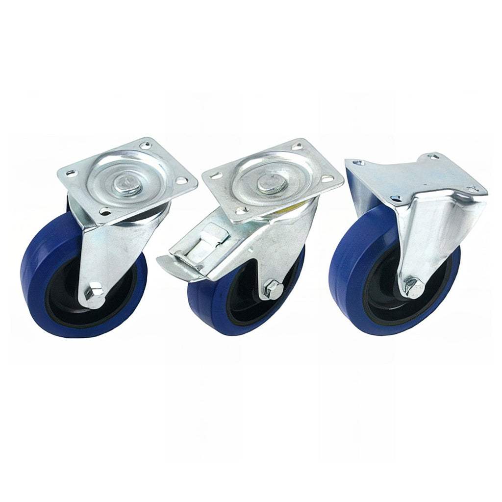 Medium plate mounted castor with blue elastic rubber tyre and black nylon wheel, swivel and fixed options, 120-400kg capacity