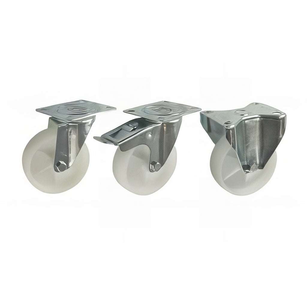 Medium duty plate mounted castor with white nylon wheel and double ballrace swivel for industrial use