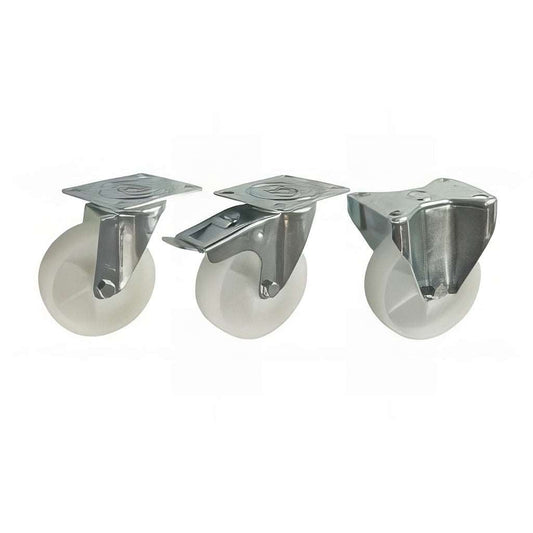 Medium duty plate mounted castor with white nylon wheel and double ballrace swivel for industrial use