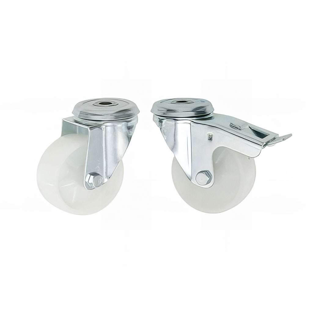 Medium single bolt hole castor with white nylon wheel for 100-200kg load, swivel and braked options.