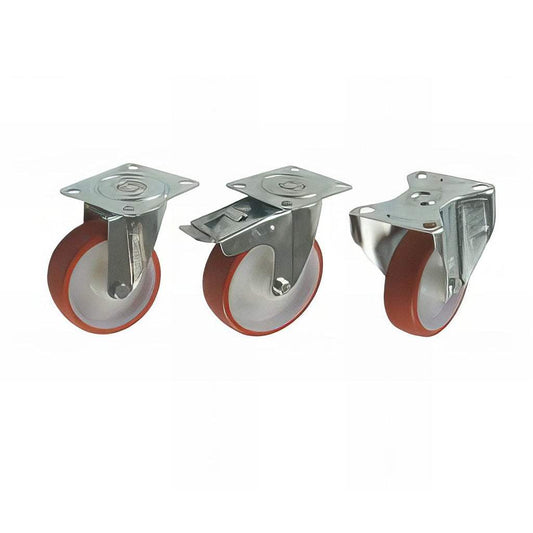 Medium plate mounted castor with red polyurethane tyre and white nylon wheel for 100-300kg load capacity