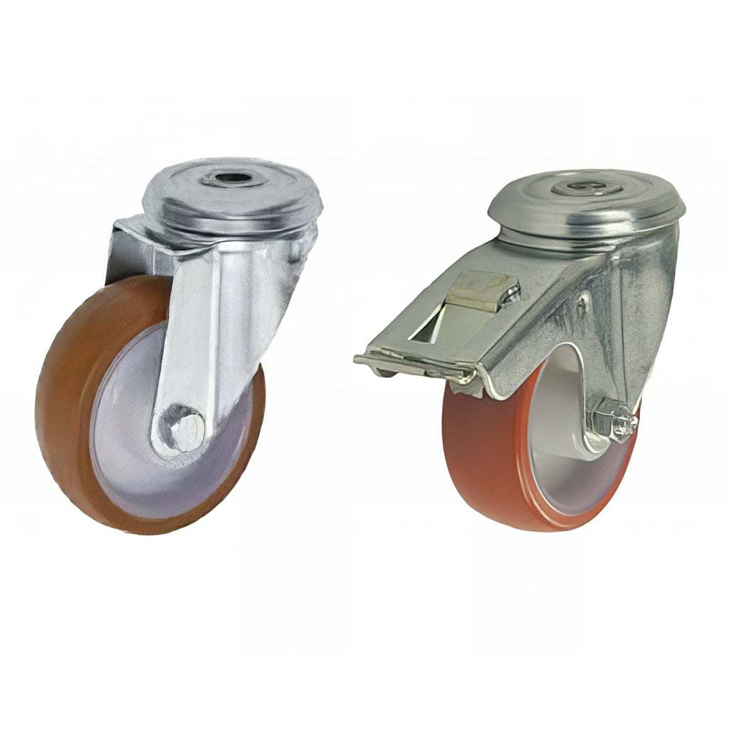 Medium single bolt hole castor with red polyurethane tyre and white nylon wheel for industrial use