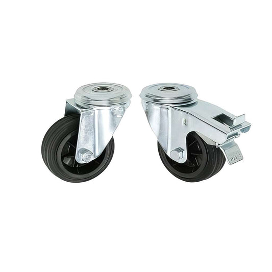 Medium duty single bolt hole castor with black rubber tyre and plastic wheel for 50-200kg load