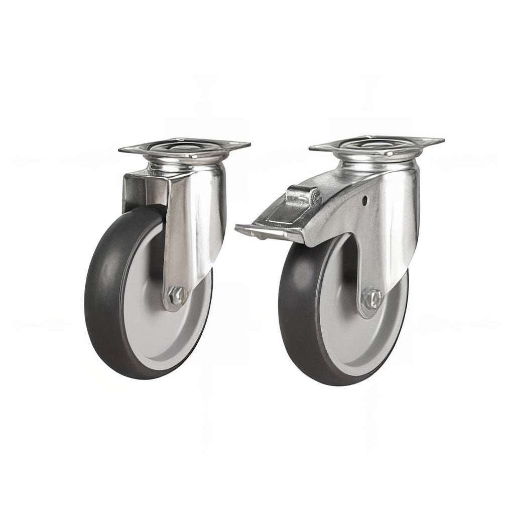 Light duty grey non-marking rubber plate mounted castors for smooth, quiet rolling and floor protection