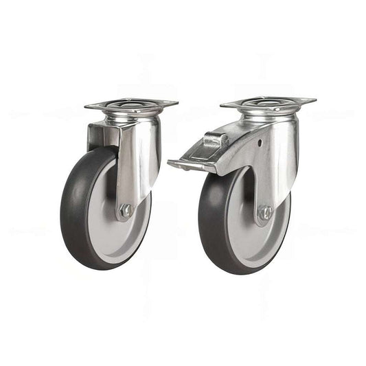 Light duty grey non-marking rubber plate mounted castors for smooth, quiet rolling and floor protection