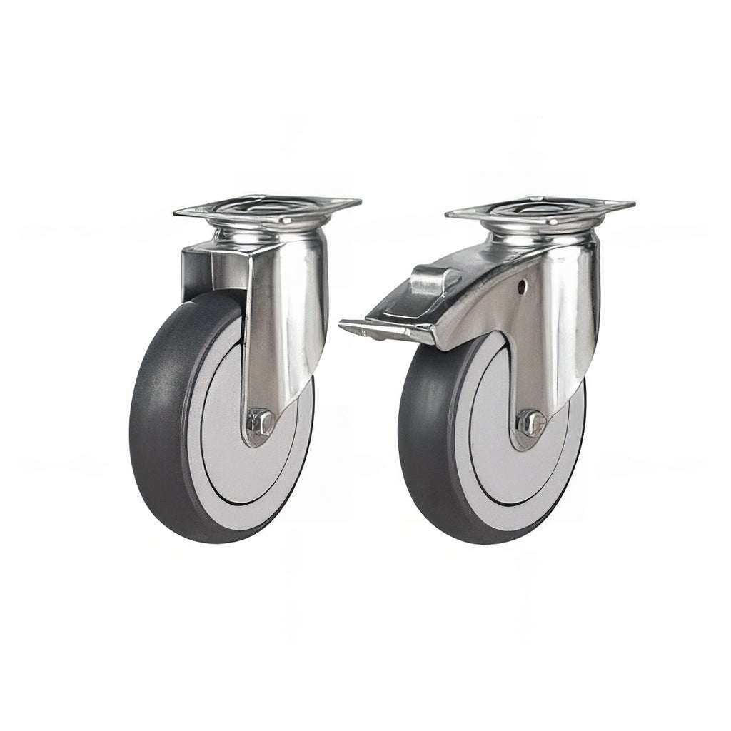 Light Duty Grey Synthetic Rubber Plate Mounted Castors with non-marking tyres and 90-130 kg load capacity