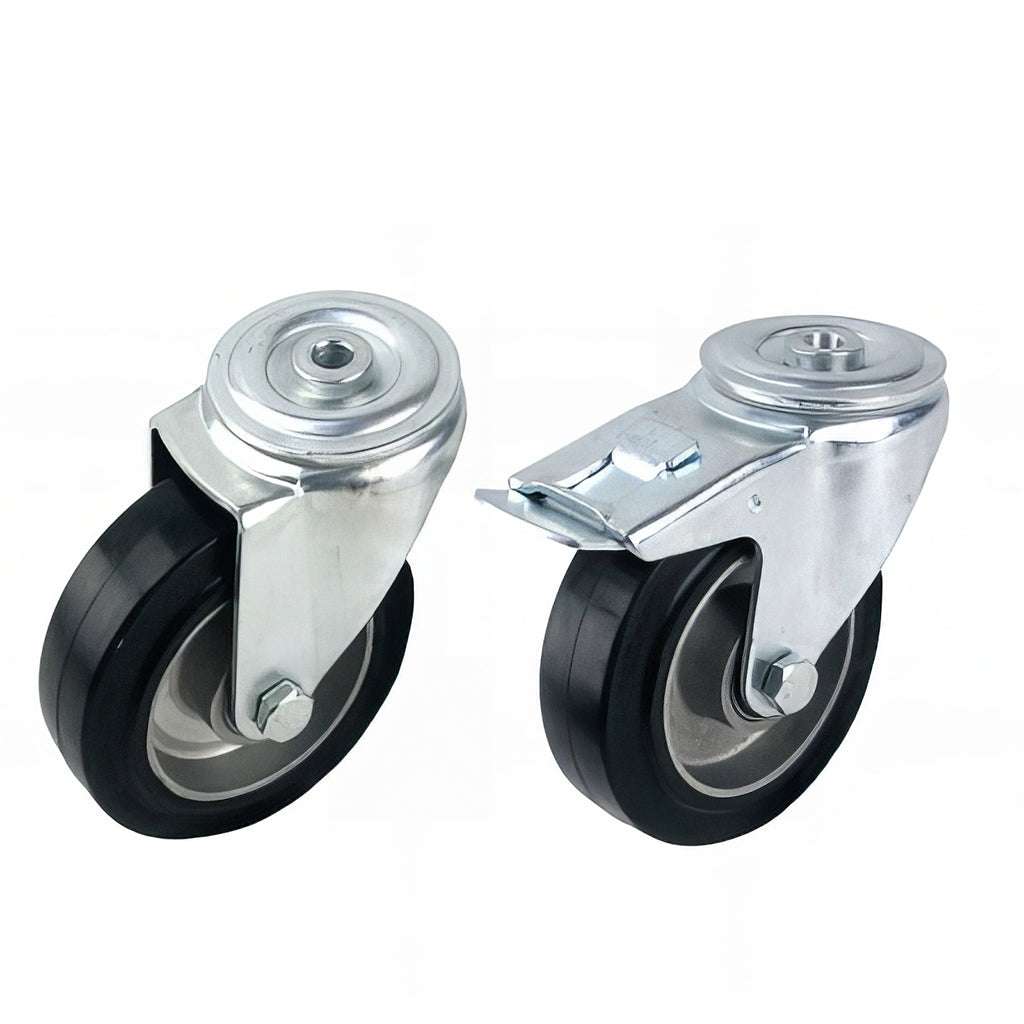 Medium duty single bolt hole castor with black rubber tyre and aluminium wheel, 180-500kg capacity