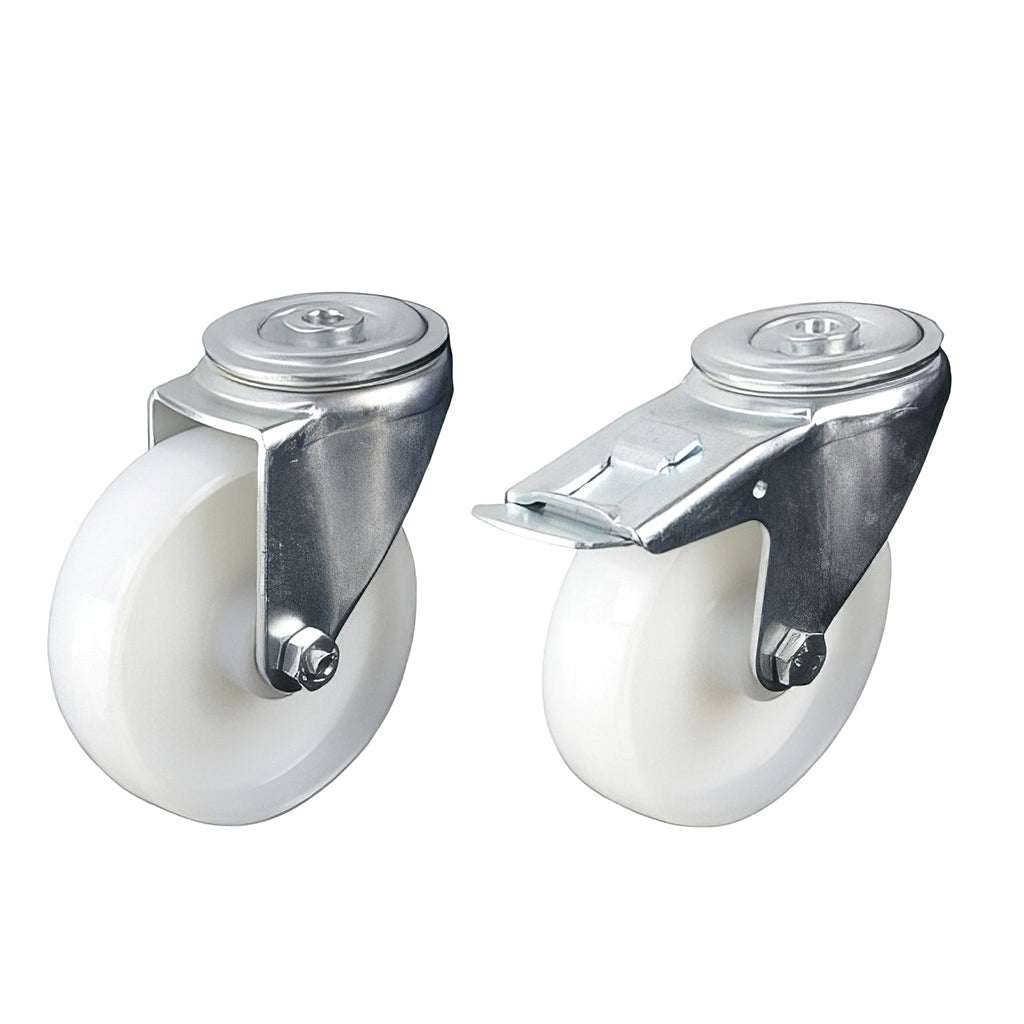 Medium duty single bolt hole castor with white nylon wheel and steel fitting, swivel and braked options, 250-500kg capacity