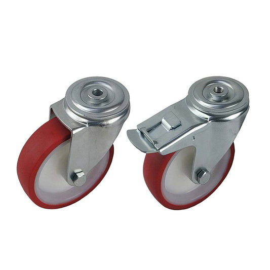 Medium duty single bolt hole castor with red polyurethane tyre and white nylon wheel, swivel and braked options, 210-500kg capacity