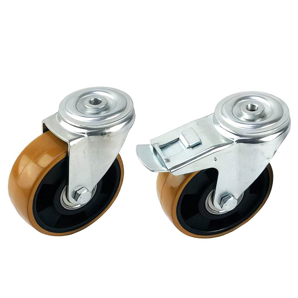 Medium single bolt hole castor with brown polyurethane tyre and black nylon wheel, swivel and braked options, 300-500kg capacity